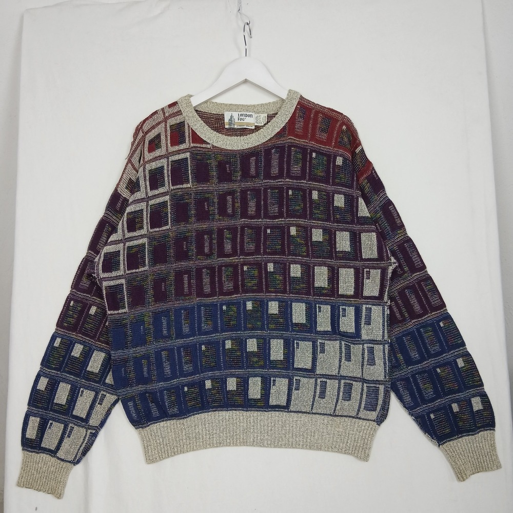 Vintage London Fog Geometric Knit Crewneck Sweater Medium USA Purple Blue